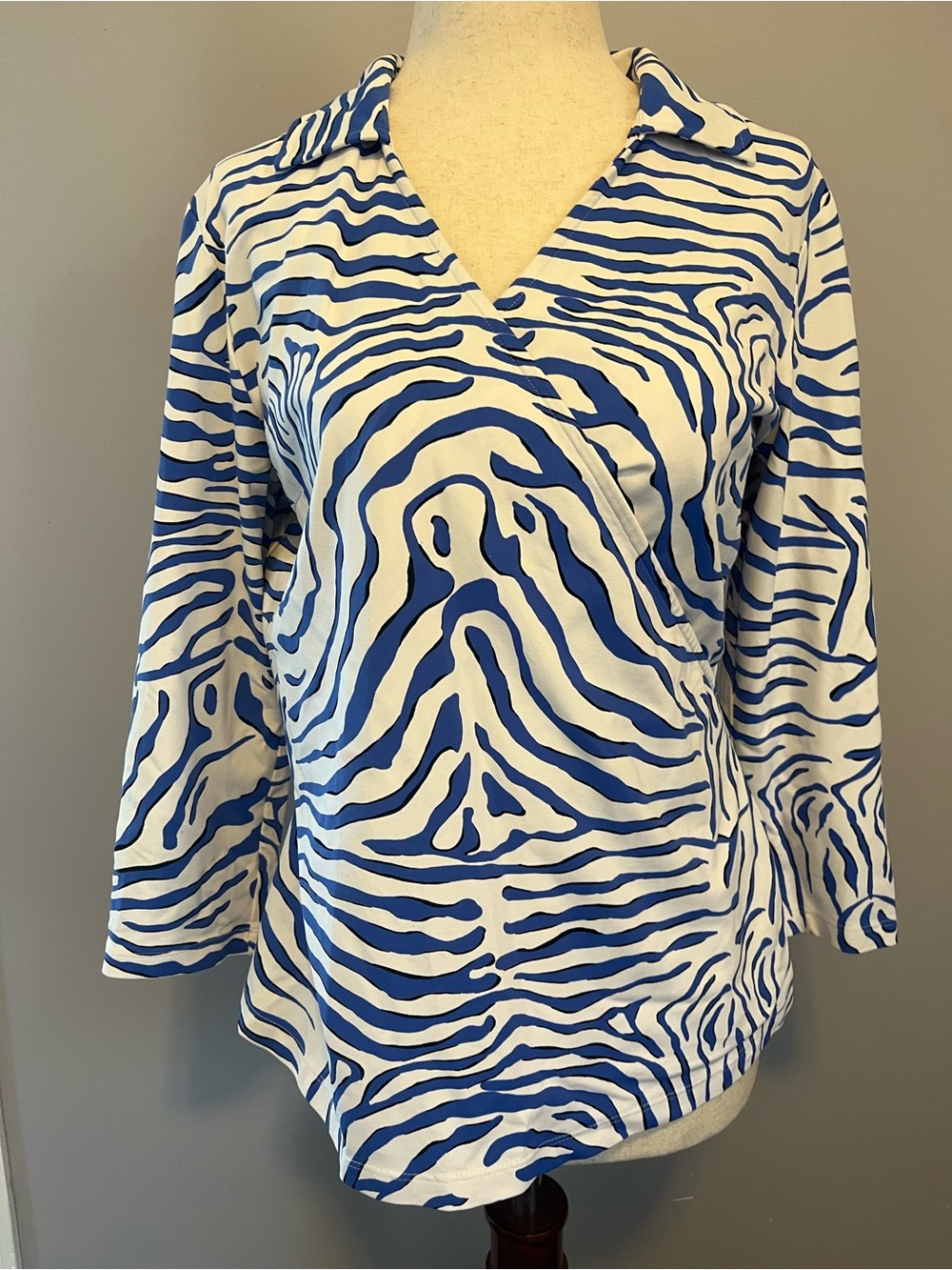 J. McLaughlin Blue and White Zebra-Stripe Wrap Top